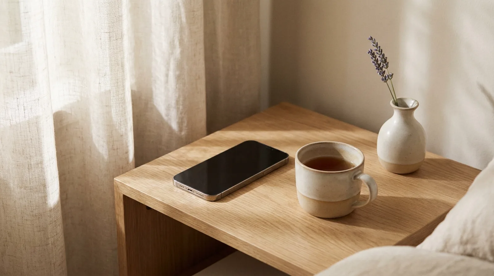 Smartphone auf dem Nachttisch im Morgenlicht