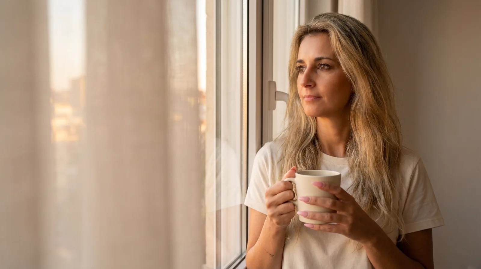 Susanne Wachter am Fenster im Morgenlicht