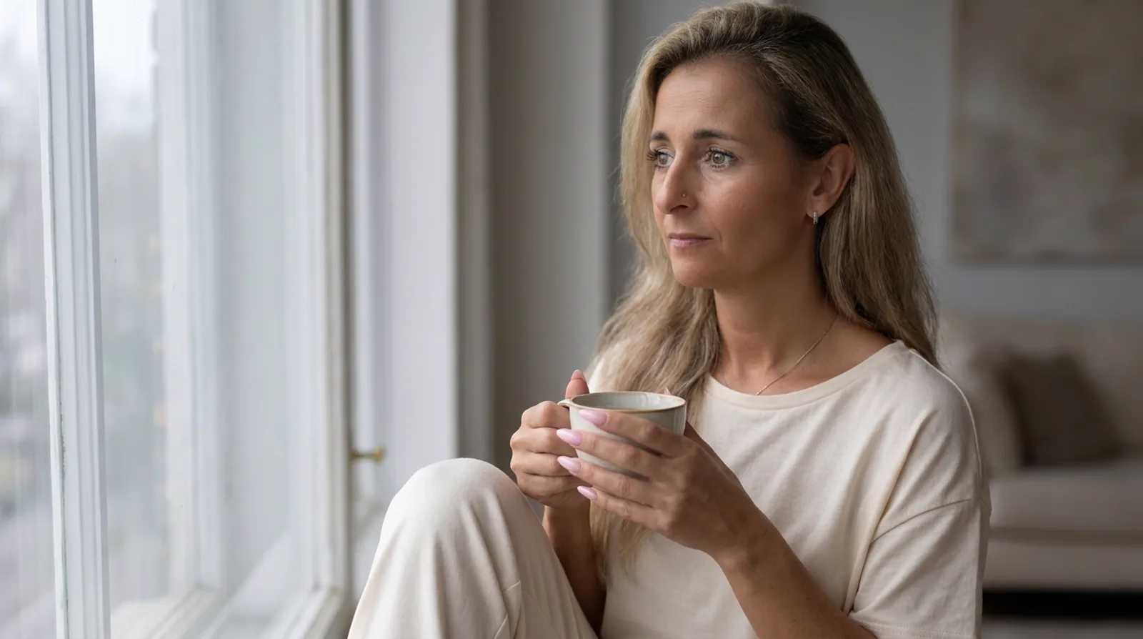 Susanne Wachter am Fenster mit einer Teetasse, nachdenklich im weichen Tageslicht