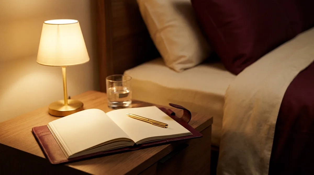 Nachttisch bei Nacht mit warmer Lampe, Notizbuch und Wasserglas