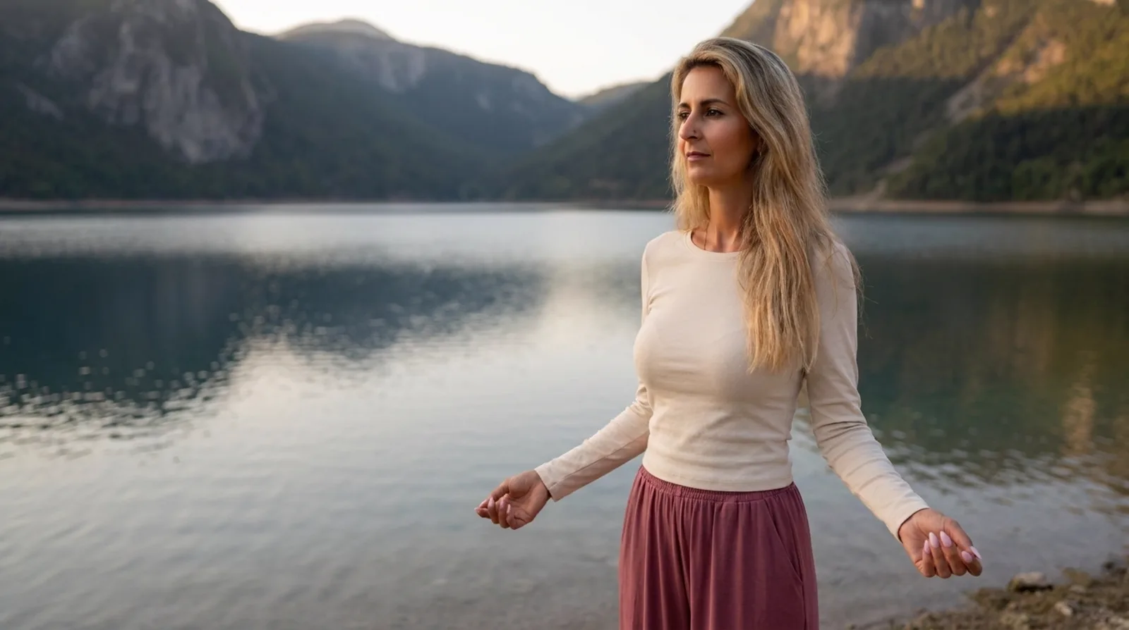 Susanne Wachter am ruhigen Bergsee im Morgenlicht — gelöst und bei sich