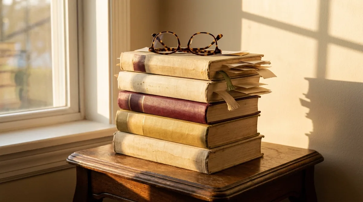 Ein Stapel Bücher mit Lesezeichen und einer Lesebrille im warmen Abendlicht