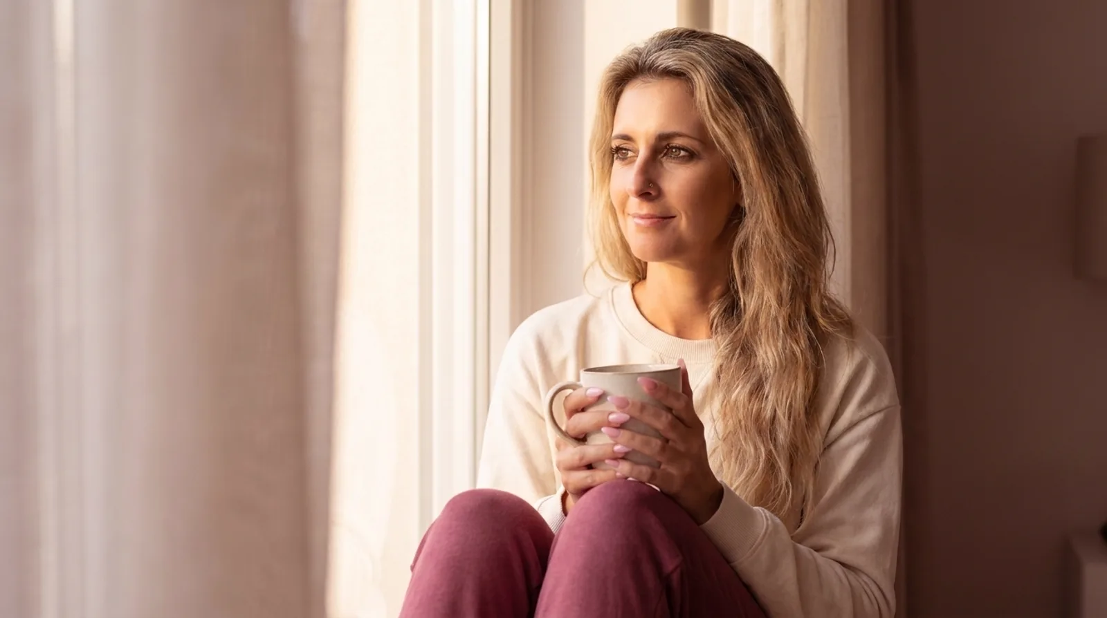 Susanne Wachter morgens am Fenster mit einer Kaffeetasse in der Morgensonne