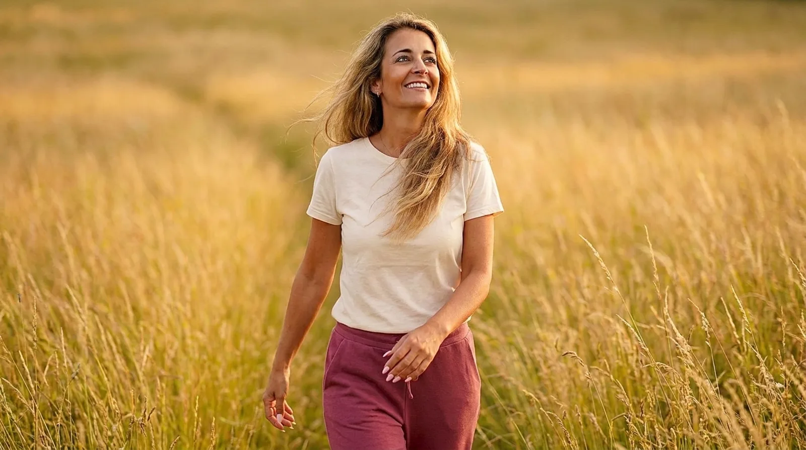 Susanne Wachter geht leichtfüßig durch eine Sommerwiese im goldenen Abendlicht