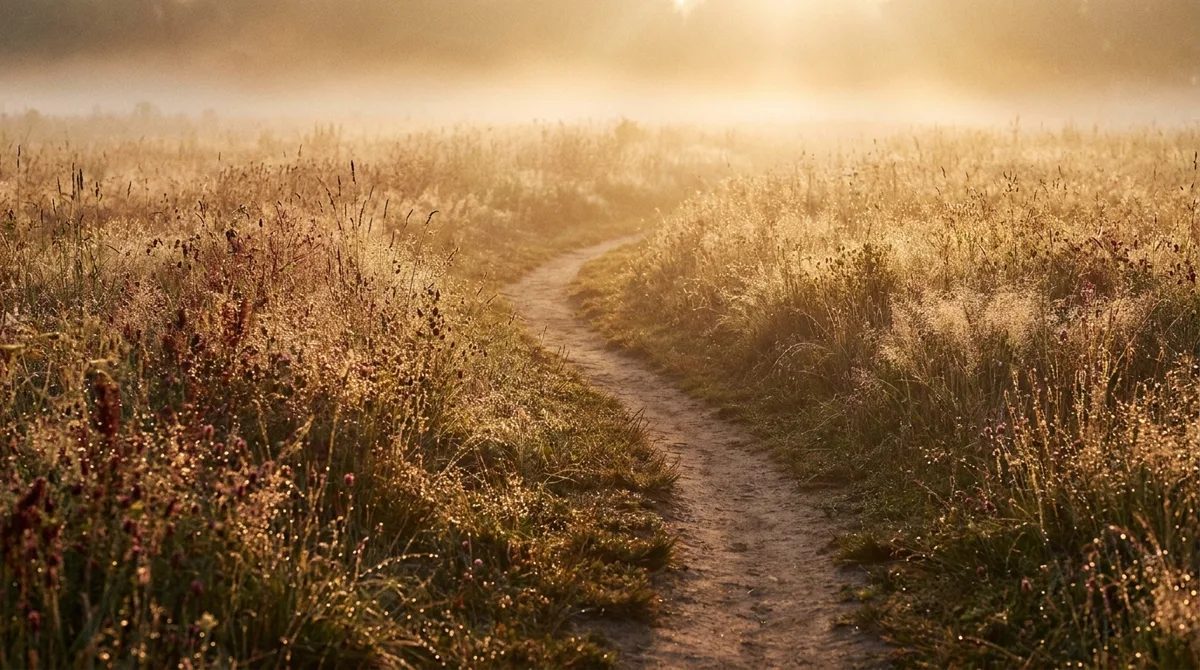 Ein Feldweg führt durch eine Wiese ins goldene Morgenlicht