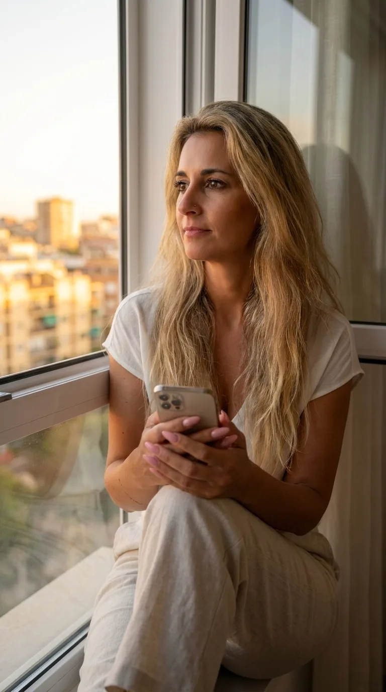 Susanne Wachter am Fenster mit dem Handy in der Hand — wartend, ob er sich meldet