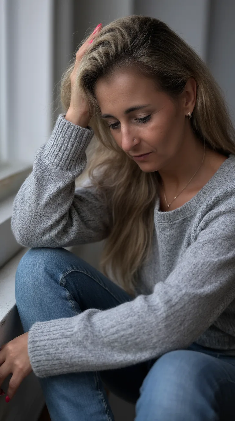 Susanne Wachter sitzt nachdenklich am Fenster, nachdem eine Nachricht von ihm gekommen ist