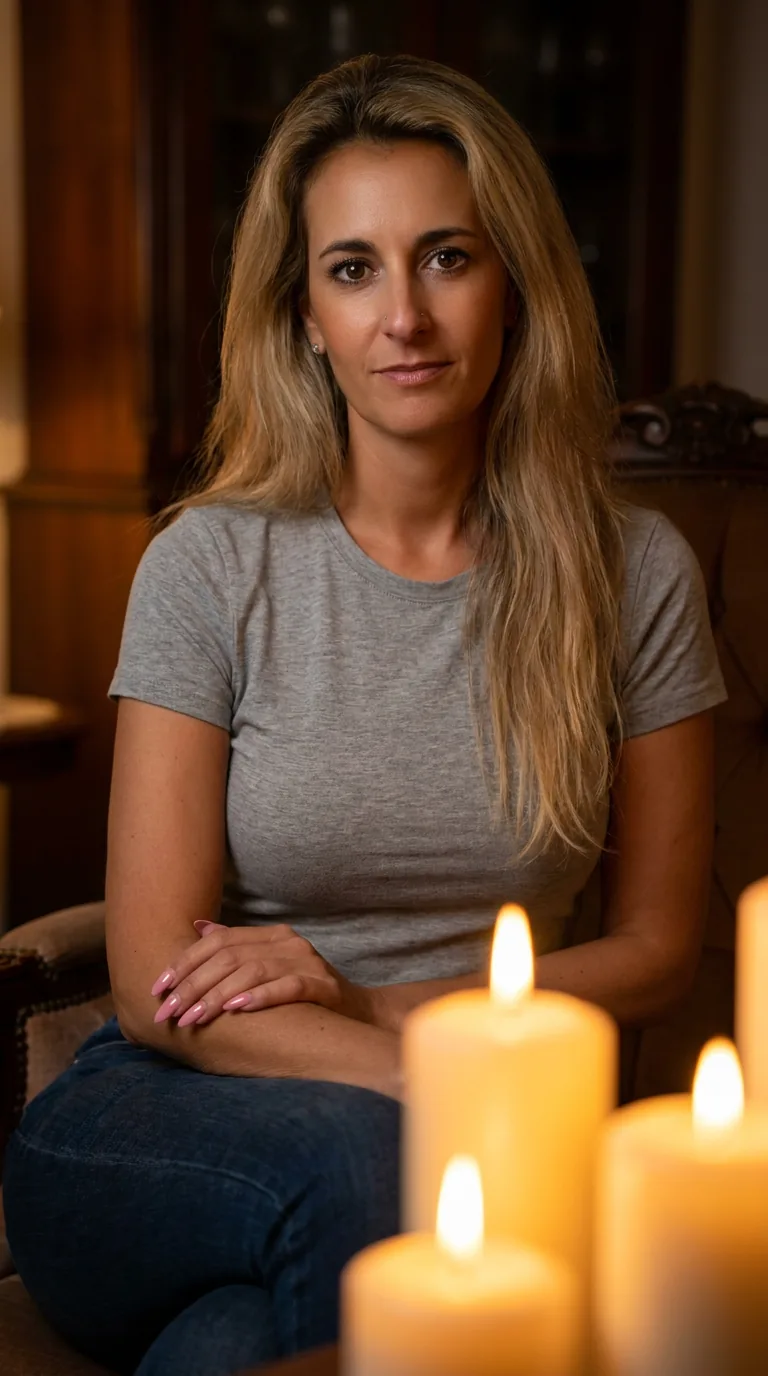 Susanne Wachter sitzt still im Kerzenlicht und schaut nachdenklich