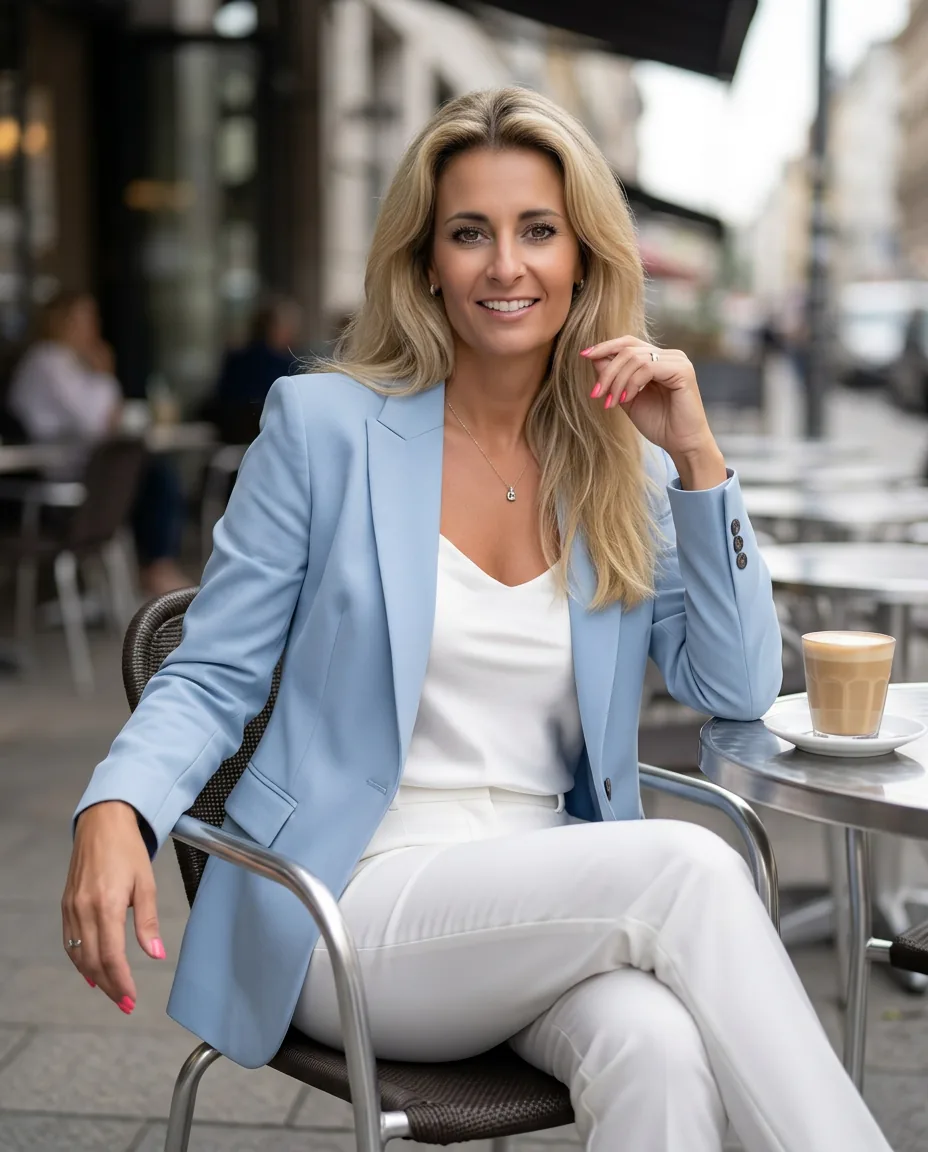 Susanne Wachter sitzt entspannt in einem Straßencafé bei einem Kaffee