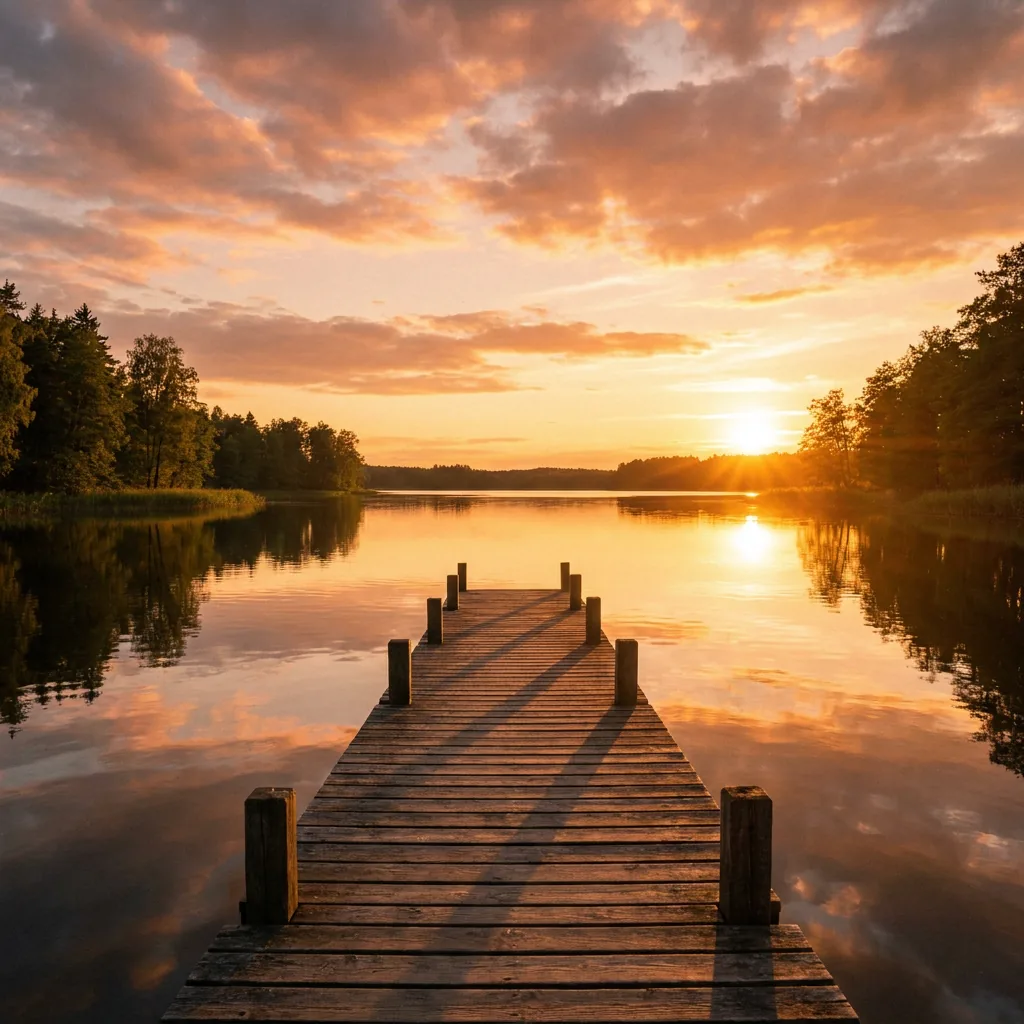 Ruhiger See mit Holzsteg im Abendlicht