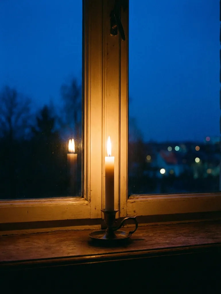 Eine Kerze brennt auf der Fensterbank, draußen blaue Dämmerung