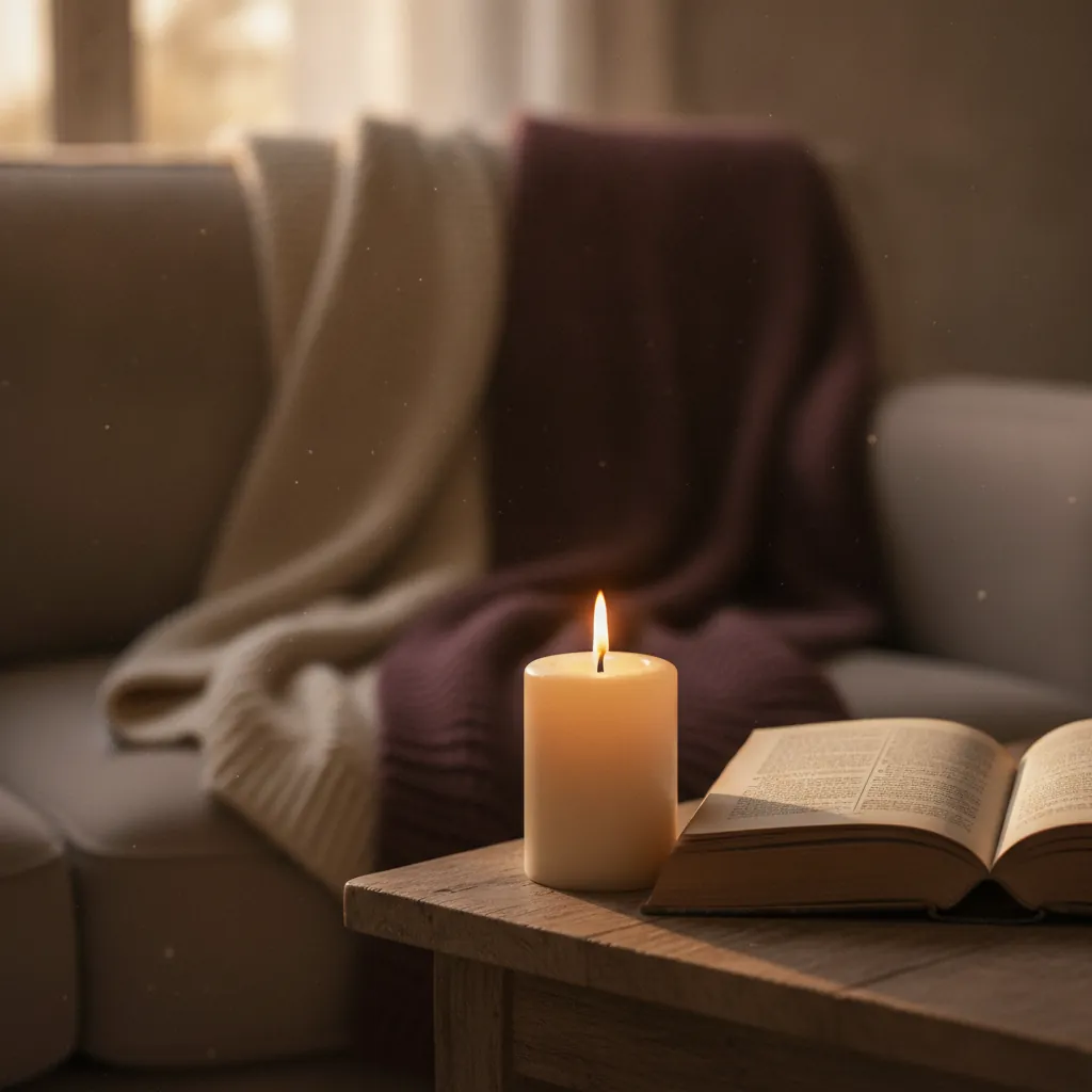 Kerze und aufgeschlagenes Buch auf einem Tisch vor dem Sofa, warmes Abendlicht