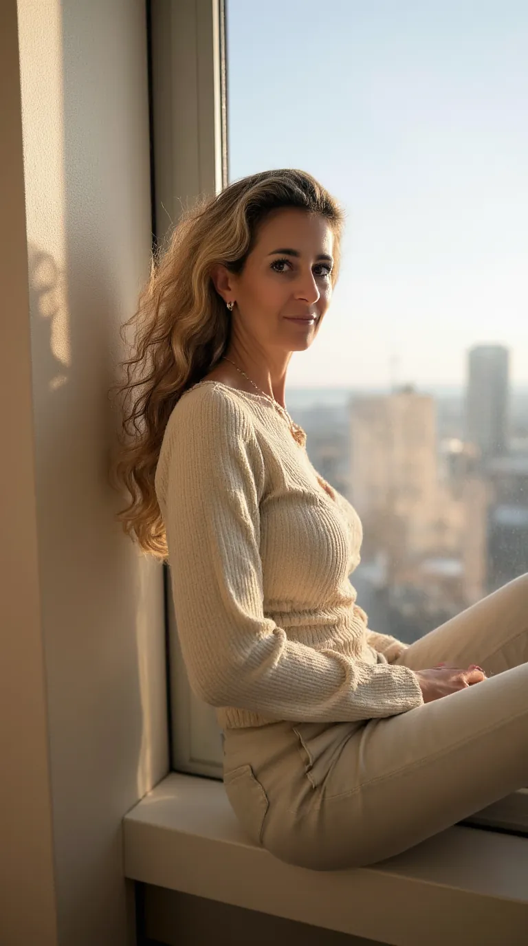 Susanne sitzt auf der Fensterbank und schaut nachdenklich in den Raum