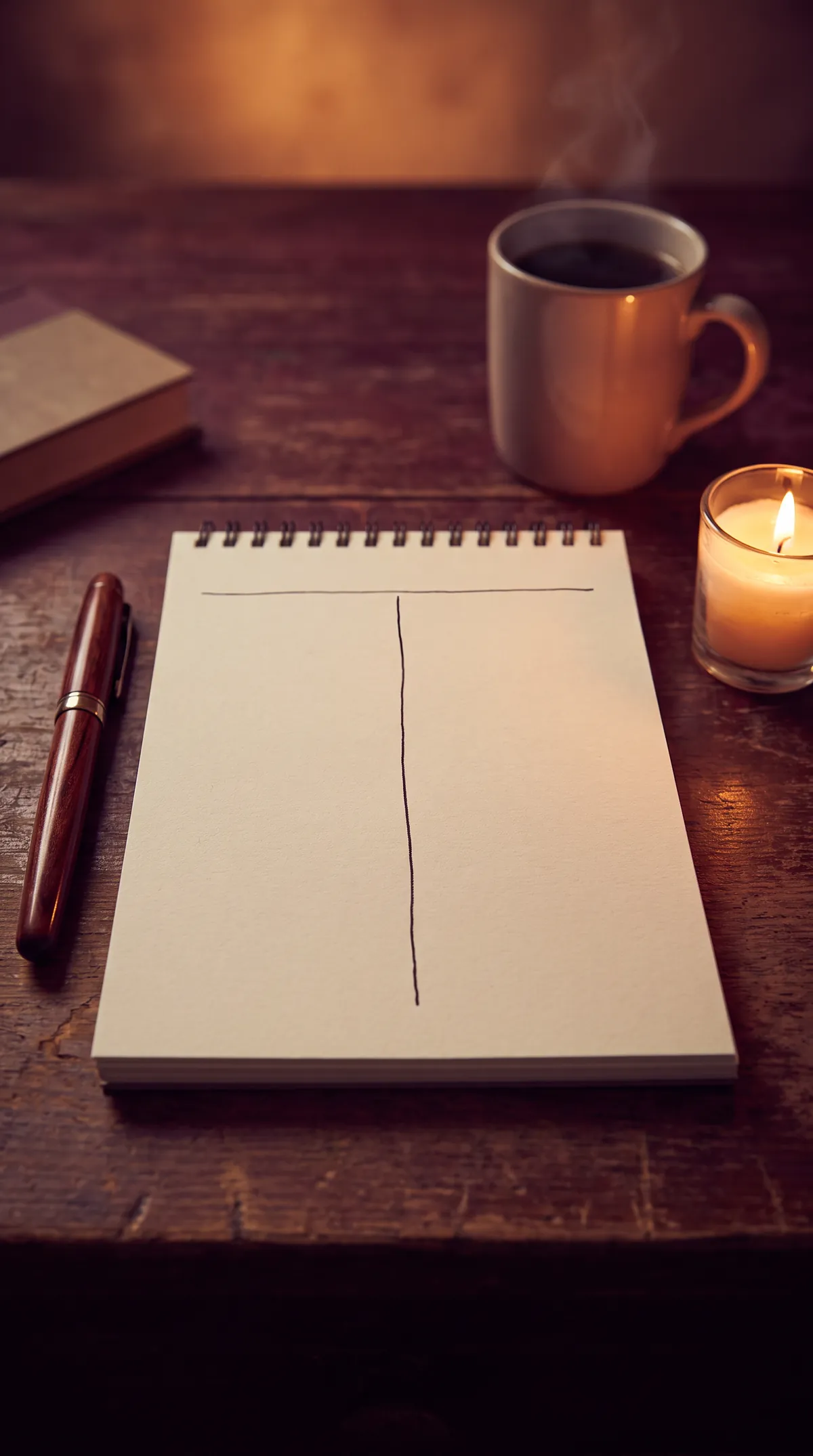 Notizblock mit zwei Spalten, Stift, Tasse und Kerze auf einem Holztisch