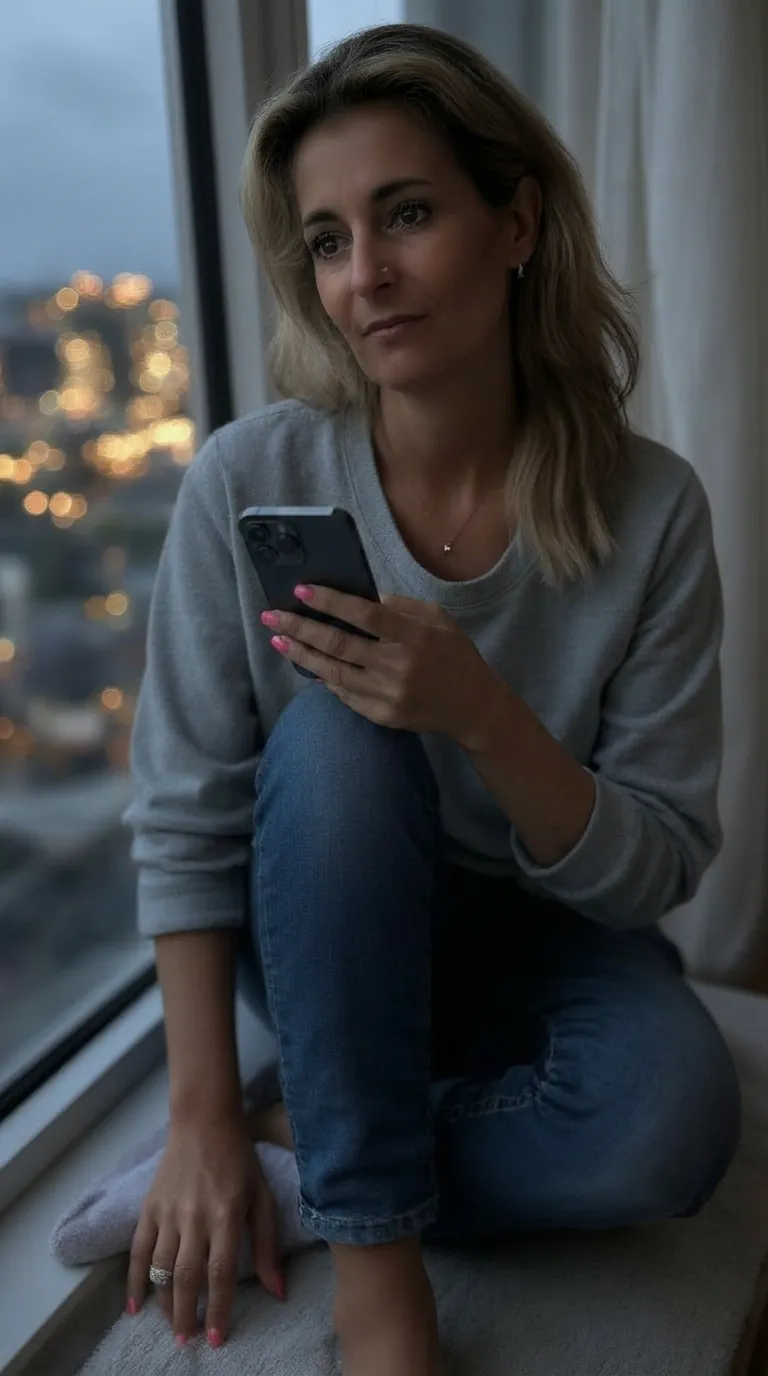 Susanne sitzt abends am Fenster und schaut auf ihr Handy