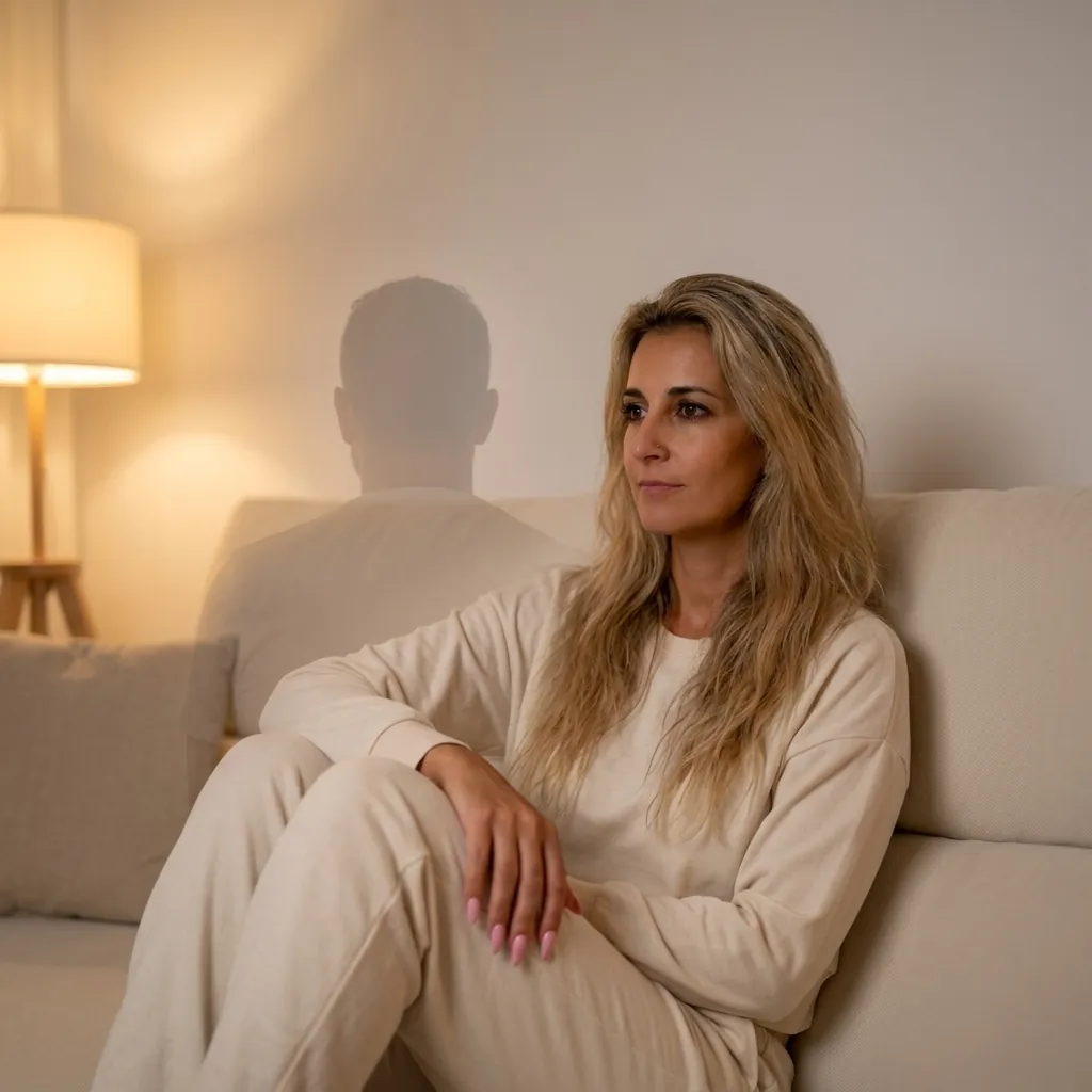 Susanne sitzt abends allein auf dem Sofa, hinter ihr der Schatten eines Mannes an der Wand