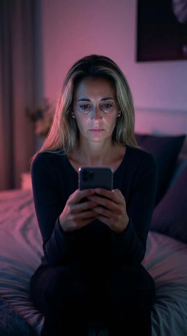 Susanne sitzt abends im Dunkeln auf dem Bett, das Handy leuchtet in ihrer Hand