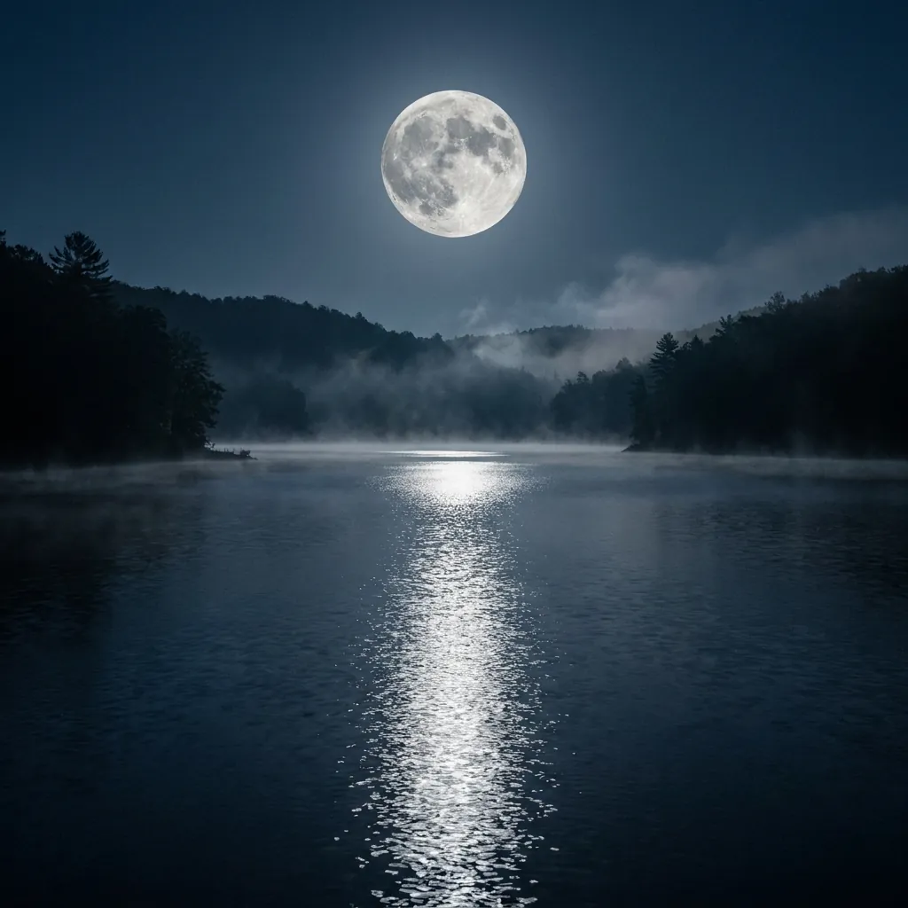 Vollmond über einem nebligen See bei Nacht