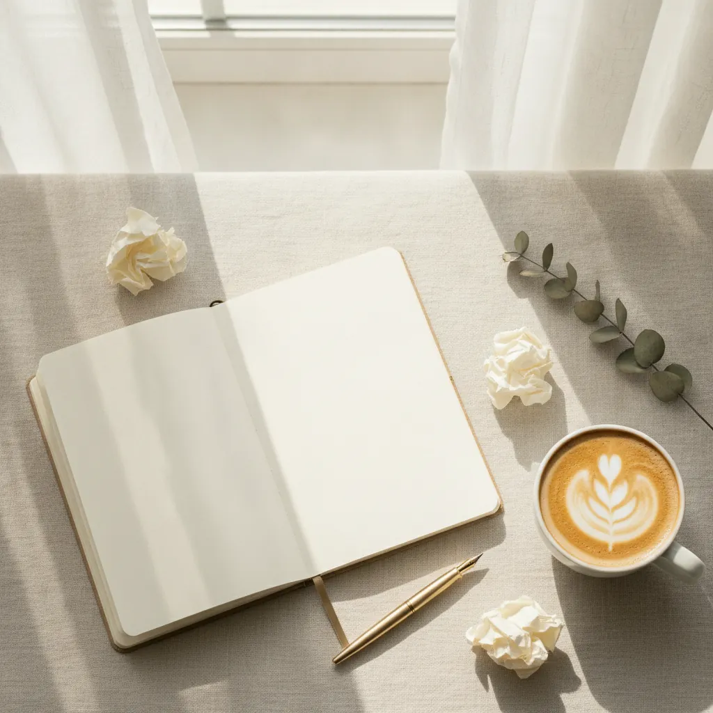 Offenes Notizbuch mit Stift und Milchkaffee auf dem Tisch im Morgenlicht