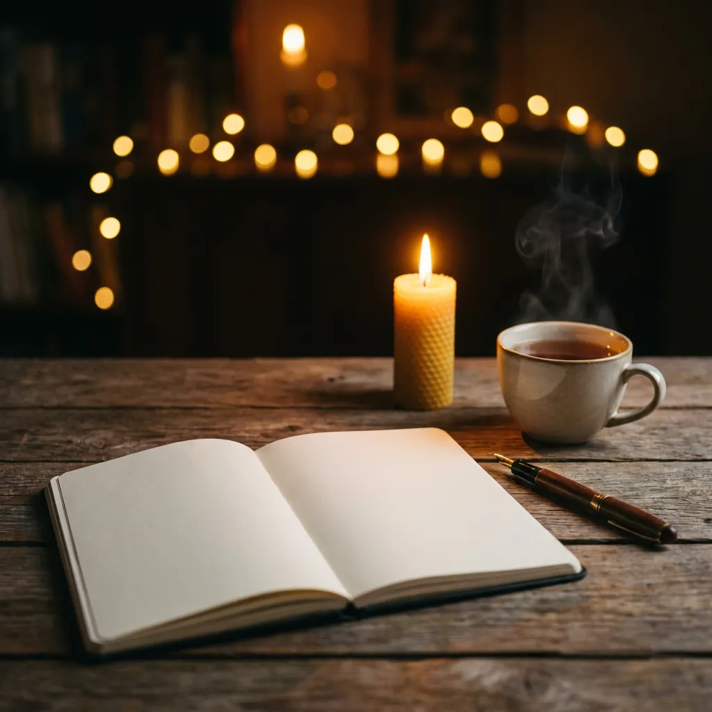 Offenes Notizbuch mit Stift, daneben eine Kerze und eine Tasse im Abendlicht