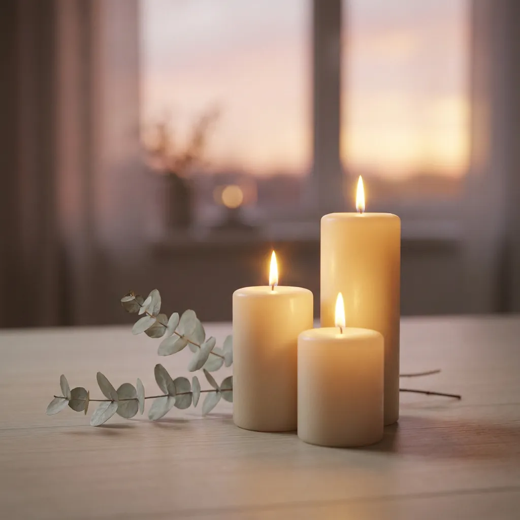 Drei Kerzen auf einem Tisch, dahinter der Abendhimmel