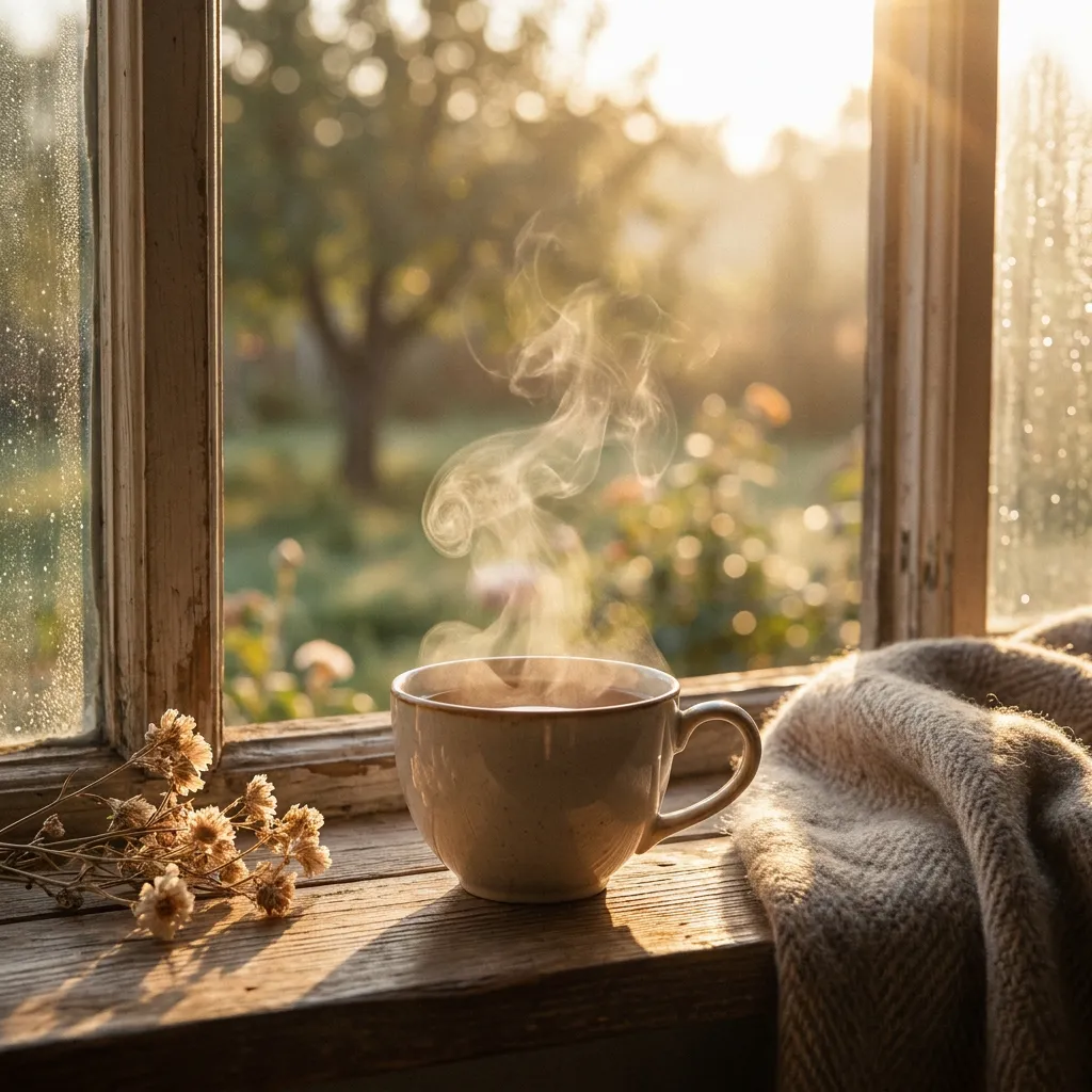 Dampfende Teetasse im Morgenlicht am Fenster