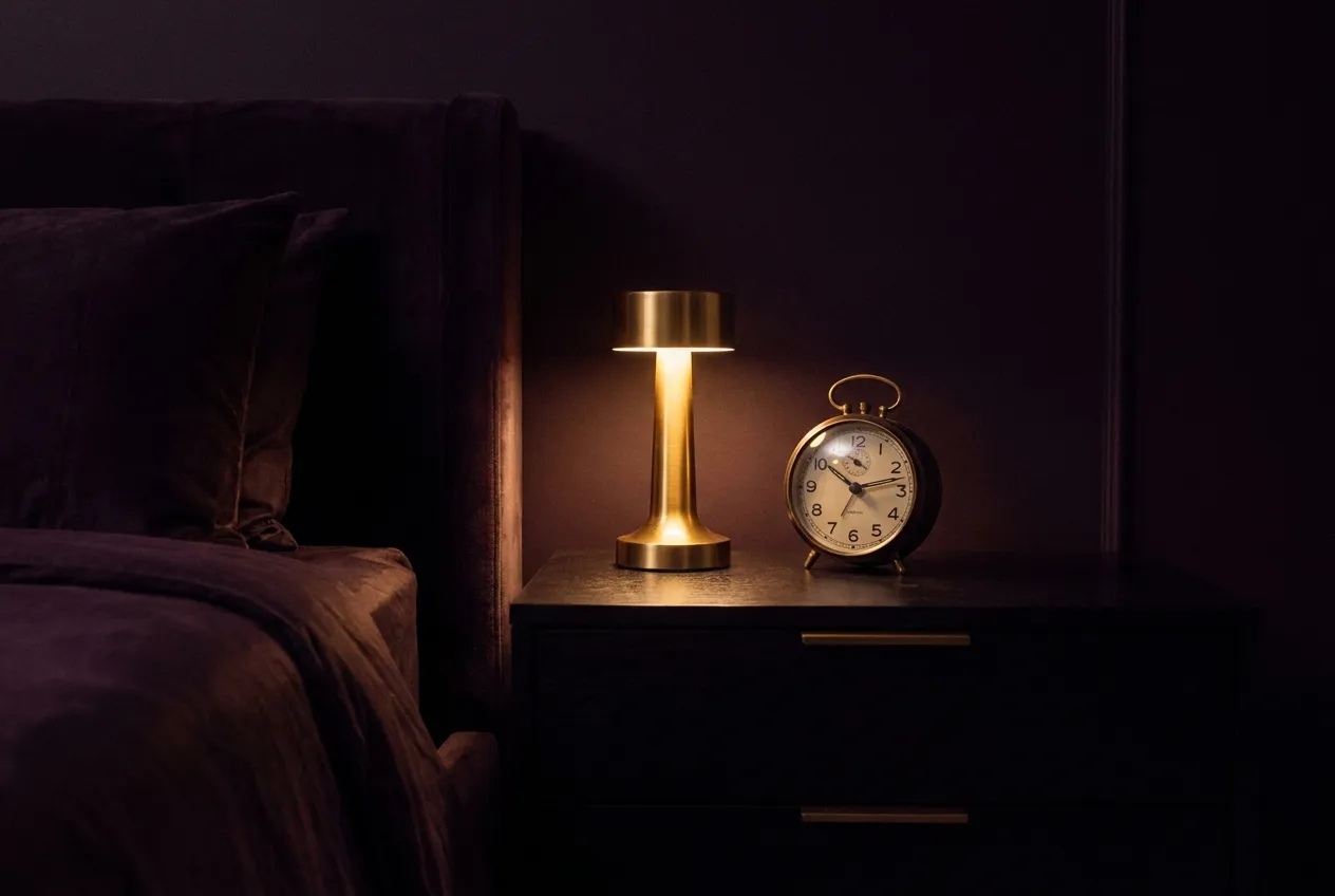 Nachttisch mit Uhr im Dunkeln