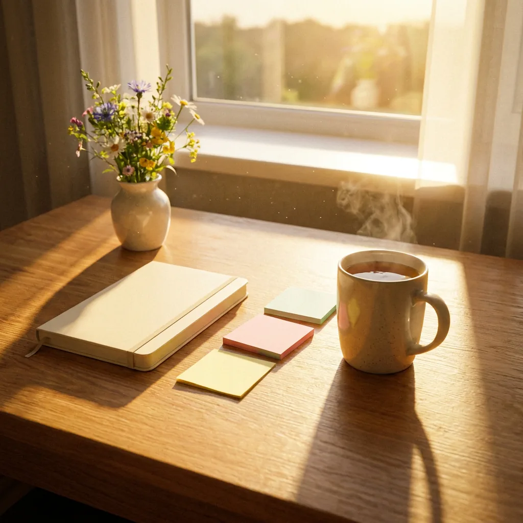 Notizbuch, Zettel und eine Tasse Tee am Fenster
