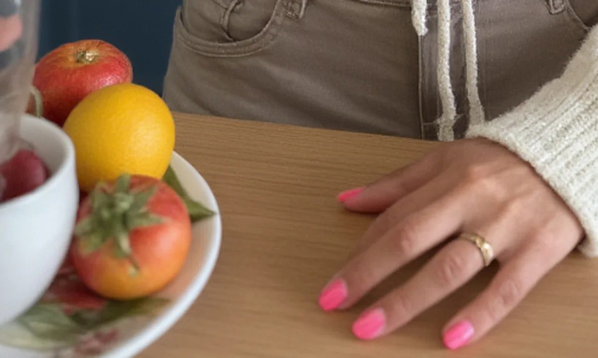 Hand ruhig auf dem Küchentisch, eine Schale Obst daneben