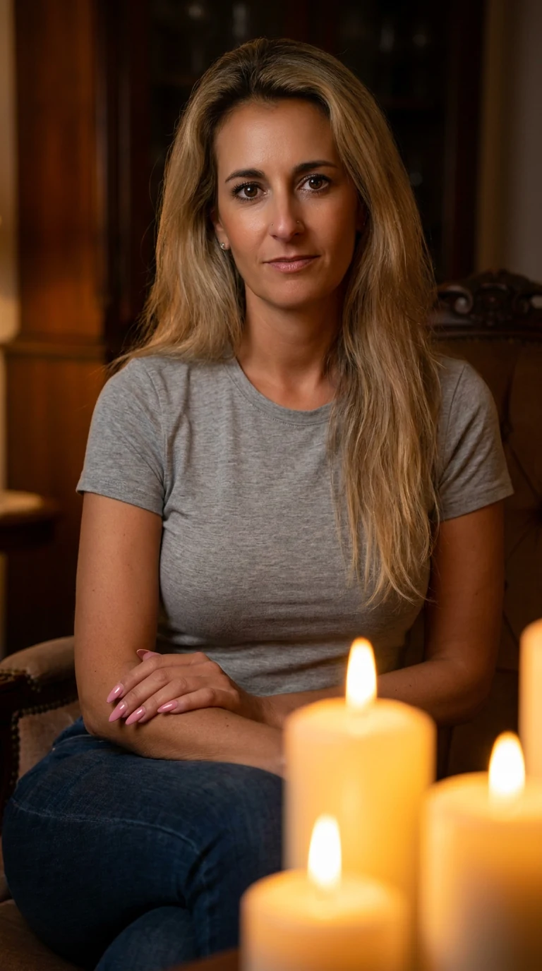 Susanne sitzt abends bei Kerzenlicht, die Hände im Schoß, und tut nichts