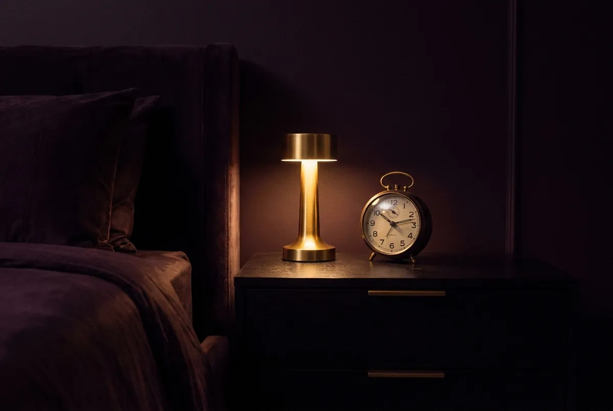 Nachttisch mit kleiner Lampe und Wecker in der Dunkelheit