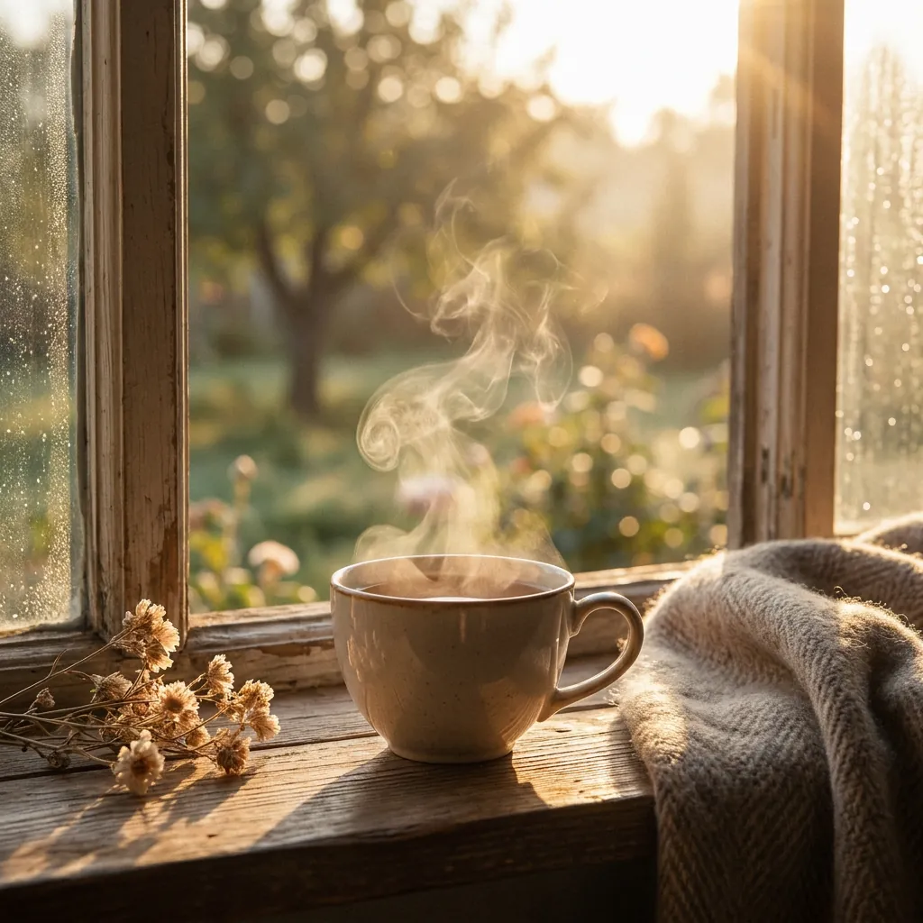 Dampfende Tasse Tee auf der Fensterbank im Morgenlicht