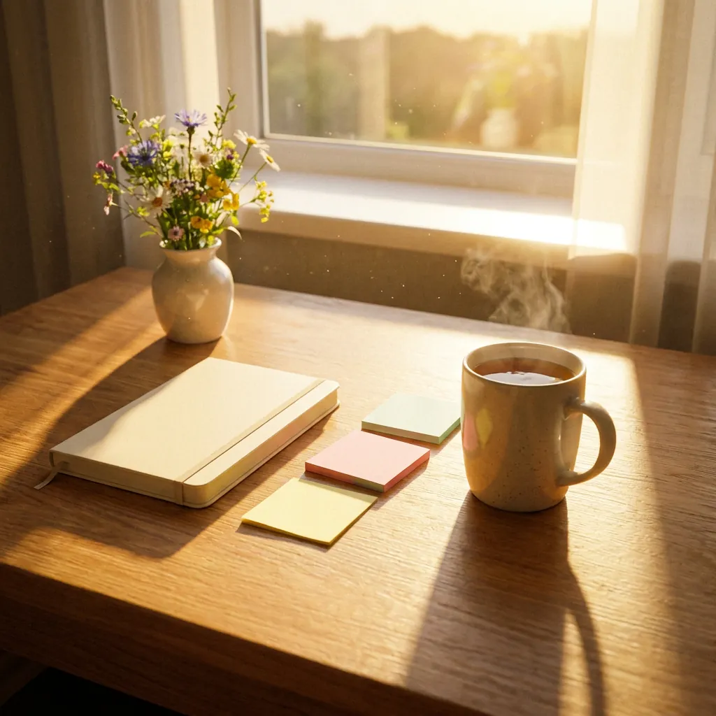 Notizbuch, Zettel und Tasse auf einem Holztisch in der Morgensonne
