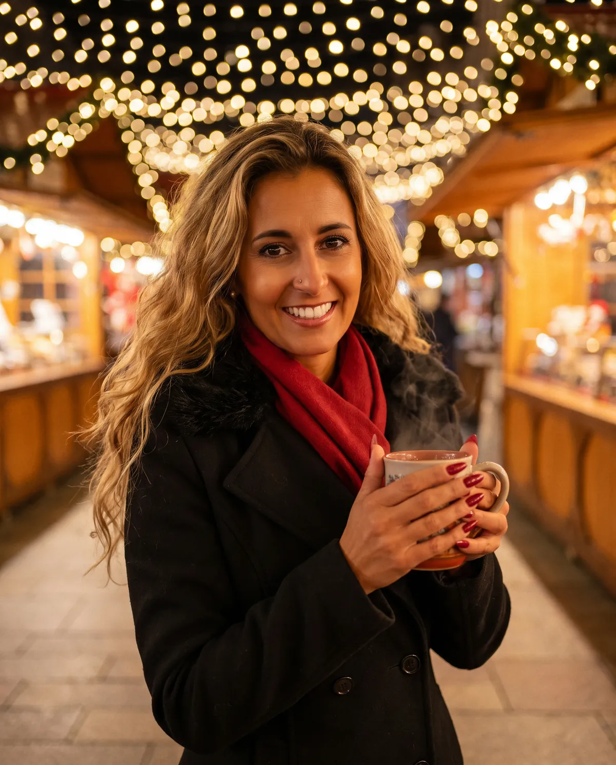 Susanne steht mit einer warmen Tasse unter Lichterketten auf einem Weihnachtsmarkt