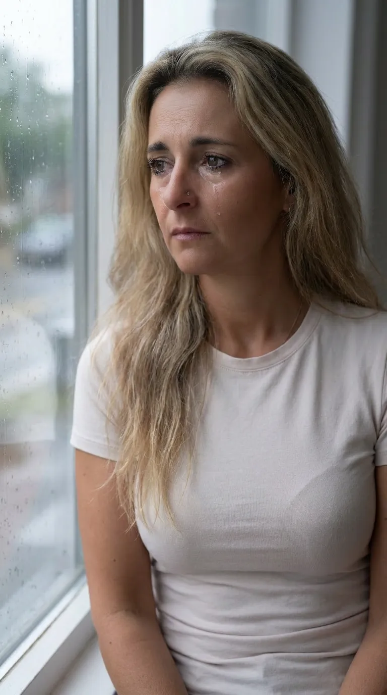 Susanne steht am Fenster, der Blick nach draußen, Tränen in den Augen